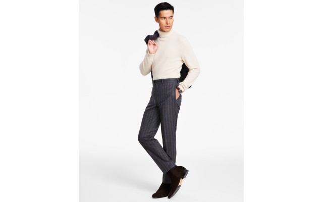  Men’s Slim-Fit Stretch Pinstripe Suit Pants, Grey/Brown, 32×30