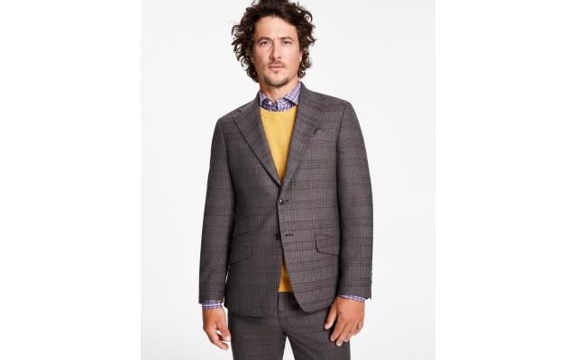  Men’s Slim-Fit Stretch Plaid Suit Jacket, Brown, 42S