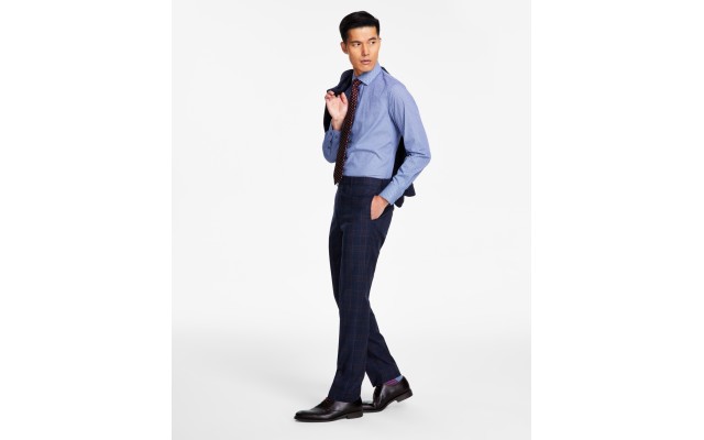  Men’s Slim-Fit Stretch Plaid Suit Pants, Navy/Brown, 32×32