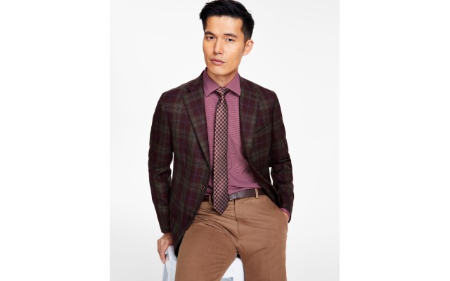  Men’s Slim-Fit Wool-Blend Printed Sport Coat, Burgundy, 46L