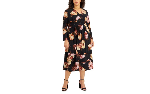  Womens Plus Size Floral-Print Maxi Dress, Black/14W