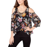 Thalia Sodi Printed Cold-Shoulder Necklace Top,Multi Combo, Small