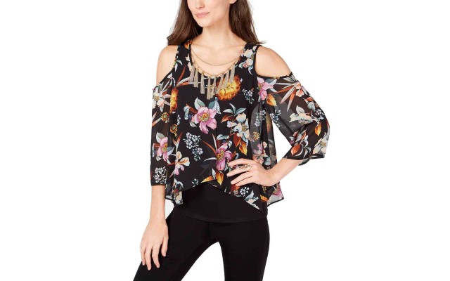  Printed Cold-Shoulder Necklace Top,Multi Combo, Small
