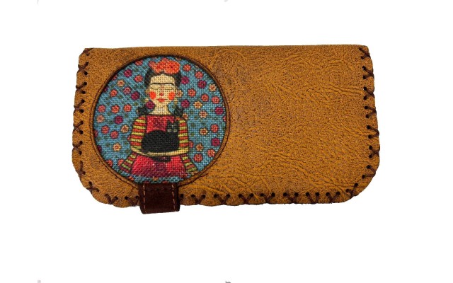  Handmade Womens Vegan Wallet Water-based Print Eco Friendly Faux Leather Wallet, Orange, Frida Holding a Cat