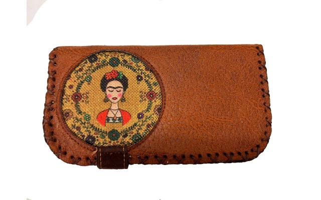  Handmade Womens Vegan Wallet Water-based Print Eco Friendly Faux Leather Wallet, Orange, Frida in Flowers