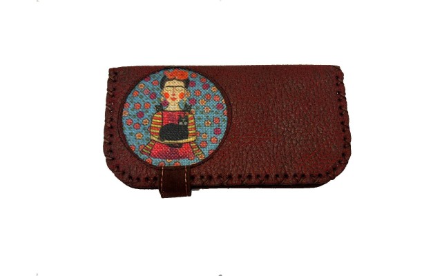  Handmade Womens Vegan Wallet Water-based Print Eco Friendly Faux Leather Wallet, Red, Frida Holding a Cat