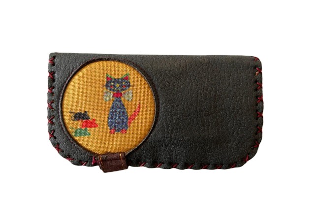  Handmade Womens Vegan Wallet Water-based Print Eco Friendly Faux Leather Wallet, Anthracite, Cats and Mice