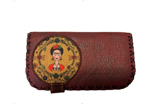  Handmade Womens Vegan Wallet Water-based Print Eco Friendly Faux Leather Wallet, Red, Frida in Flowers