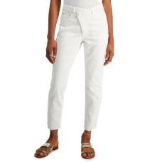 Tinseltown Juniors’ Asymmetrical-Waist Raw-Edge-Hem Ankle Jeans, White, 3