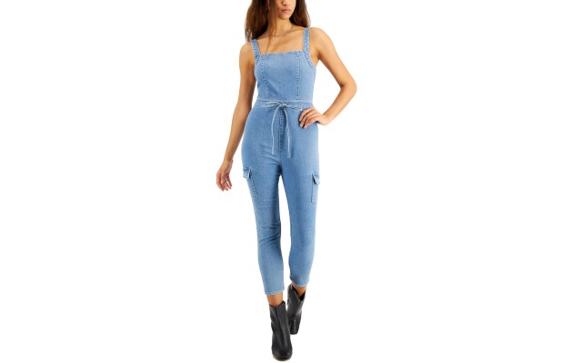  Juniors’ Belted Denim Jumpsuit, Light Blue/XS