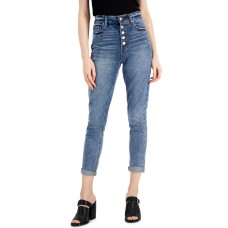 Tinseltown Juniors’ Cuffed Exposed Button Mom Jeans,Blue, 0