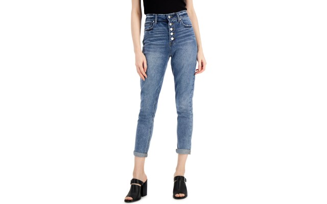  Juniors’ Cuffed Exposed Button Mom Jeans,Blue, 0
