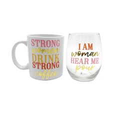 Tmd Holdings Strong Women/Hear Me Pour Mug & Stemless Wine Glass Gift Set, Rose