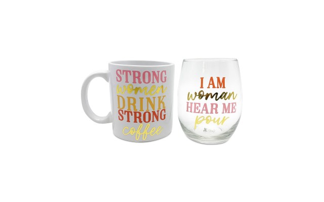  Strong Women/Hear Me Pour Mug & Stemless Wine Glass Gift Set, Rose