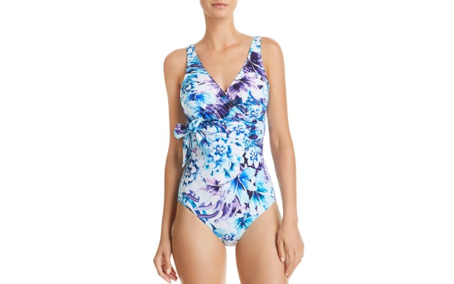  Women’s Light Blue Floral Sculpt One Piece Swimsuit, White, 8