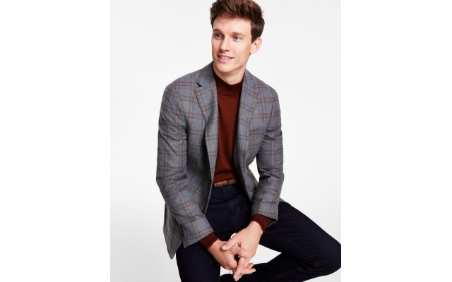 Men’s Modern-Fit Plaid Sport Coat, Grey/Brown, 42R