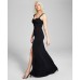  Juniors’ Sweetheart-Neck Side-Slit Gown Dress, Black, 11