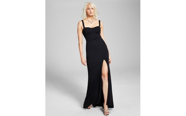  Juniors’ Sweetheart-Neck Side-Slit Gown Dress, Black, 11