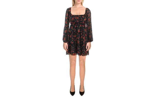  Womens Juniors Floral Print Mini Dress, Black, Small
