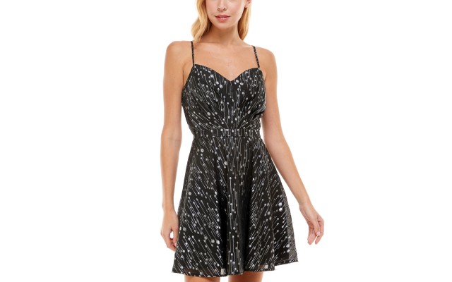  Womens Juniors’ Metallic Sweetheart-Neck Dress, Black/13