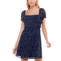 Trixxi Womens Juniors’ Printed Puff-Sleeve Dress, Navy/XS