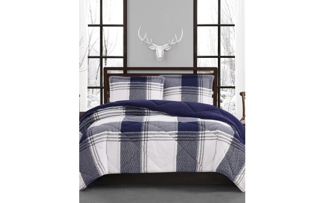  Reversible Plaid Velvet Sherpa 3-PC Comforter Sets, Navy, King