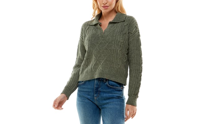  Juniors’ Cable-Knit Polo-Collar Chenille Sweater, Olive, Large