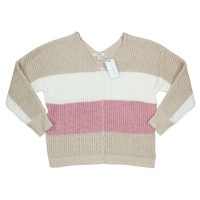 Ultra Flirt Juniors Chenille Colorblock Lightweight Knit V-Neck Sweater, Beige, Large