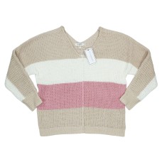 Ultra Flirt Juniors Chenille Colorblock Lightweight Knit V-Neck Sweater, Beige, Large