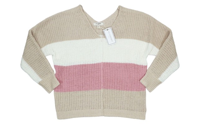  Juniors Chenille Colorblock Lightweight Knit V-Neck Sweater, Beige, Large