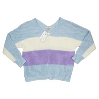 Ultra Flirt Juniors Chenille Colorblock Lightweight Knit V-Neck Sweater, Sky Lavender Stripe, Large