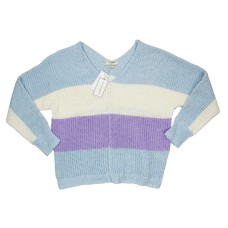 Ultra Flirt Juniors Chenille Colorblock Lightweight Knit V-Neck Sweater, Sky Lavender Stripe, Large