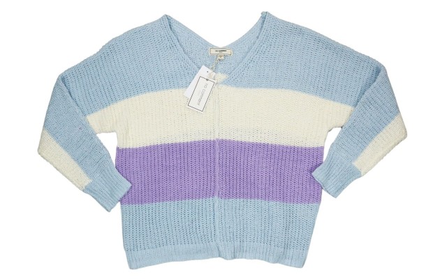  Juniors Chenille Colorblock Lightweight Knit V-Neck Sweater, Sky Lavender Stripe, Large