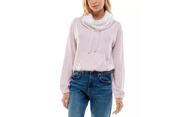  Juniors’ Funnel-Neck Sherpa Hacci Top, Taupe, XS