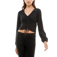 Ultra Flirt Juniors’ Glittering Ruched-Front Long-Sleeve Top, Black, Large