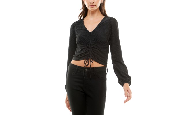  Juniors’ Glittering Ruched-Front Long-Sleeve Top, Black, Large