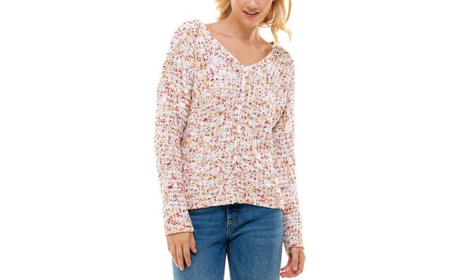  Juniors Marled Chenille V-Neck Sweater, Pink, Medium