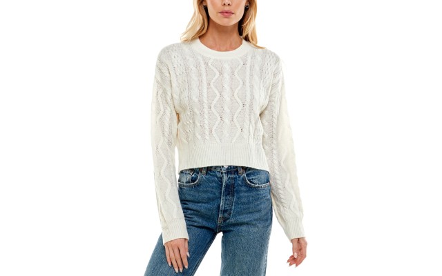  Juniors’ Mixed-Cable Sweater, Ivory, Large