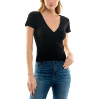 Ultra Flirt Juniors’ Seamless Ribbed Surplice Top, Black, Small