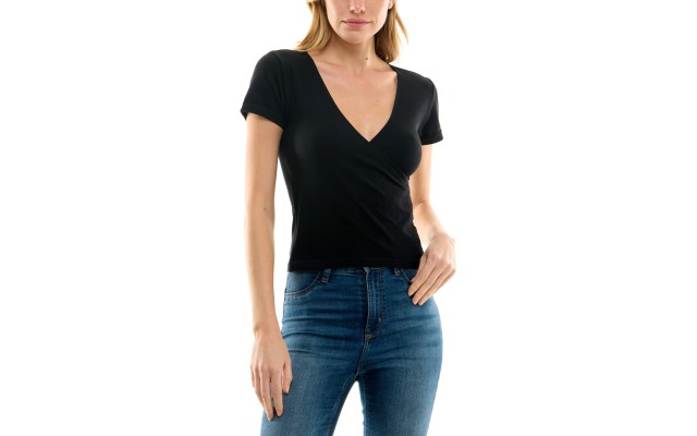  Juniors’ Seamless Ribbed Surplice Top, Black, Small
