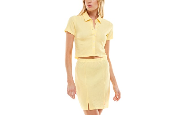  Womens Juniors’ Button-Front Top & Skirt Set, Light Yellow/L