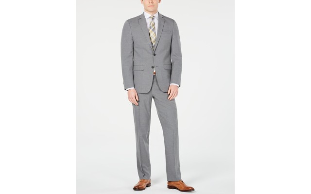  Men’s Stretch Performance Button Two Piece Business Suit Jacket and Pants, Grey, 42 Tall