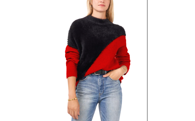  Asymmetrical Colorblocked Sweater, Vermillion, Medium