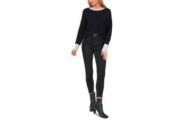  Edged Crewneck Sweater, Black, Large