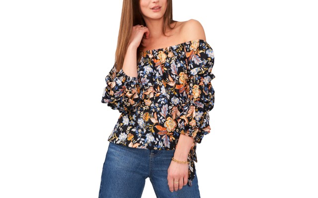  Floral Off the Shoulder Bubble Sleeve Blouse