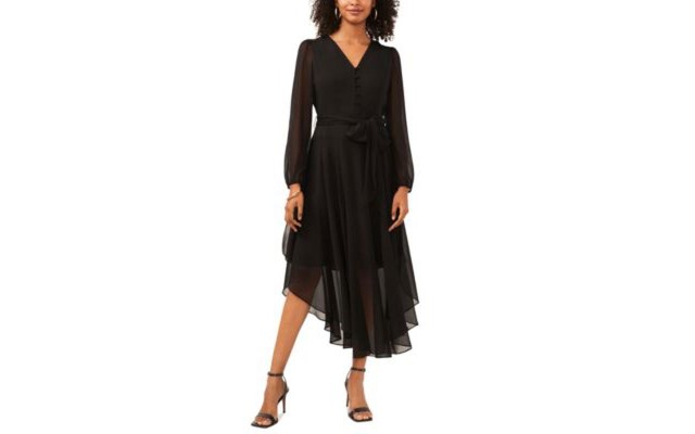  Long Sleeve Handkerchief Hem Maxi Dress,  Rich Black, Small