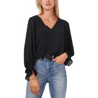 Vince Camuto Long Sleeve Smock Cuff Clip Dot V-Neck Blouse, Black,Small