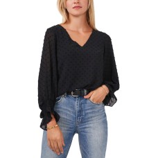 Vince Camuto Long Sleeve Smock Cuff Clip Dot V-Neck Blouse, Black,Small
