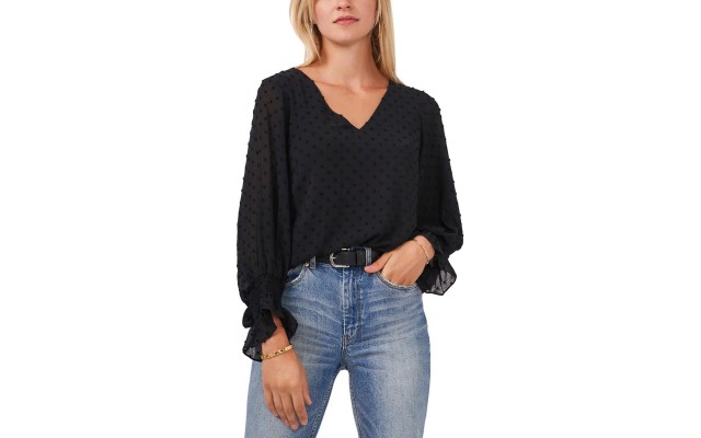  Long Sleeve Smock Cuff Clip Dot V-Neck Blouse, Black,Small