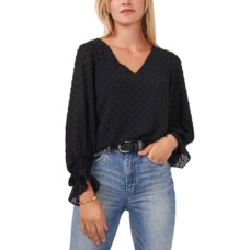 Vince Camuto Long Sleeve Smock Cuff Clip Dot V-Neck Blouse, Rich Black, Medium